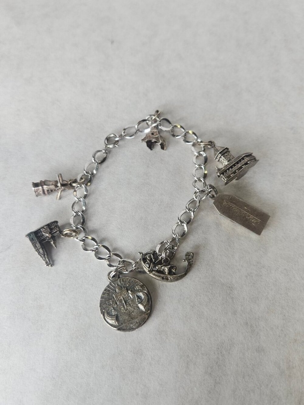 Vintage Sterling Silver Travel Charm Bracelet Venice Lucerne Paris Koln 7 inches